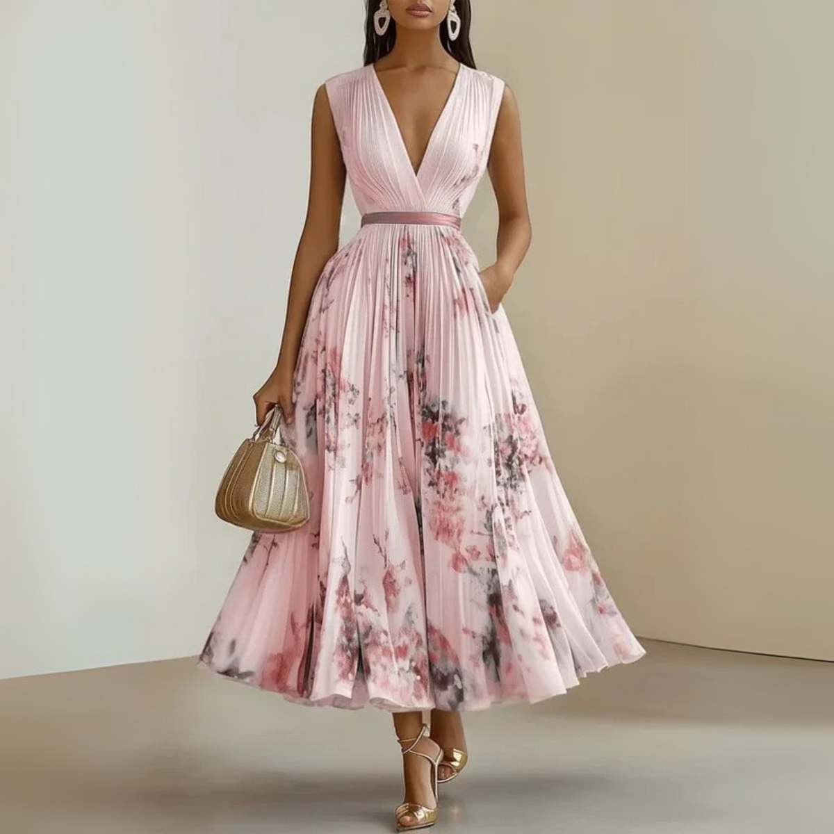 Women flowy pleated midi dress in beige, lightweight casual summer style