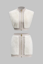 Faux leather co-ord set women's sleeveless top and mini skirt with faux fur trim