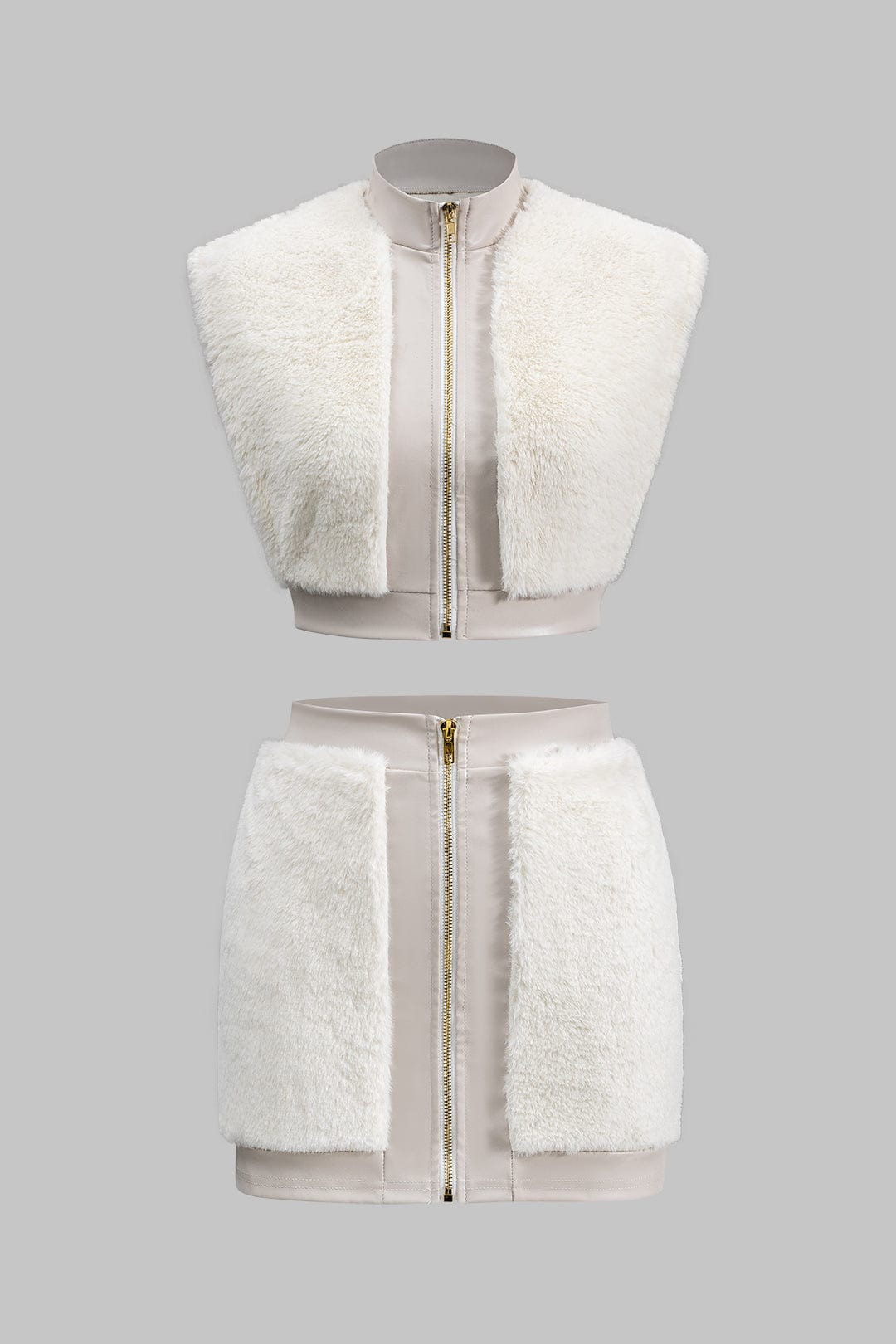 Faux leather co-ord set women's sleeveless top and mini skirt with faux fur trim
