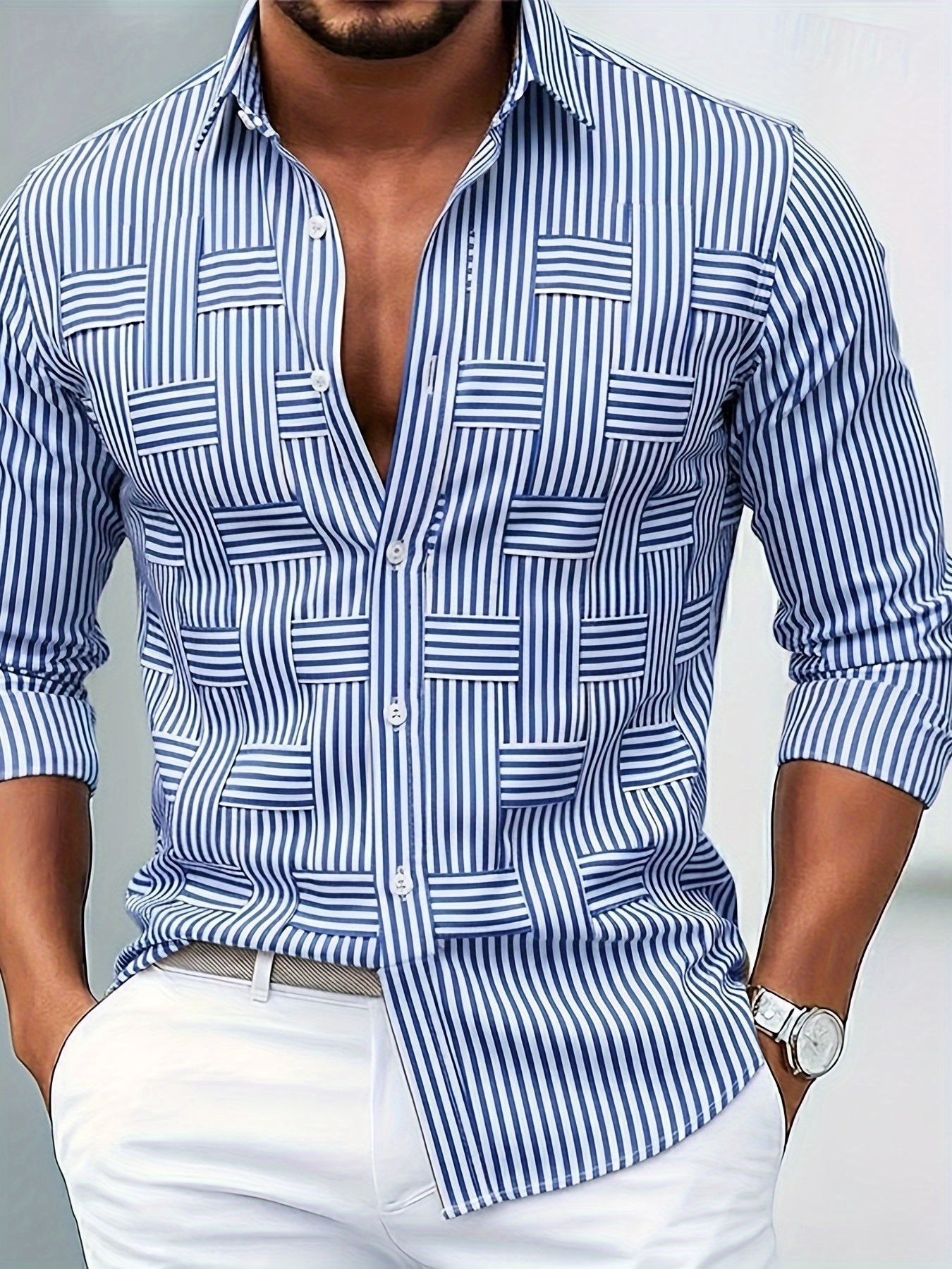 Men long sleeve striped shirt vintage wash relaxed regular fit