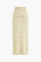 Women 2 piece knit blazer skirt set ribbed with gold button detail
