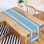 Oktoberfest table runner blue white diamond pattern with beer stein motifs, 33x183 cm