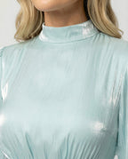 Women maxi dress high neck long sleeve pleated floor-length in white and apricot