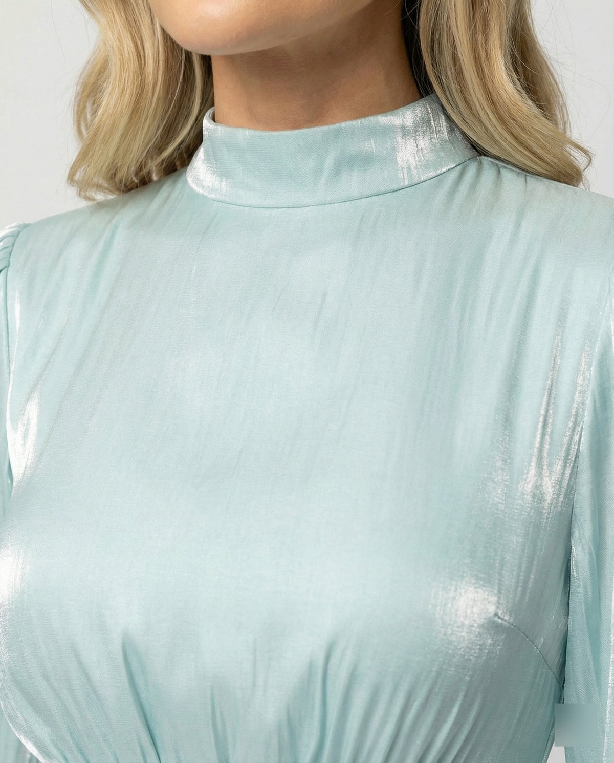 Women maxi dress high neck long sleeve pleated floor-length in white and apricot