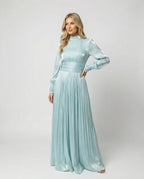 Women maxi dress high neck long sleeve pleated floor-length in white and apricot