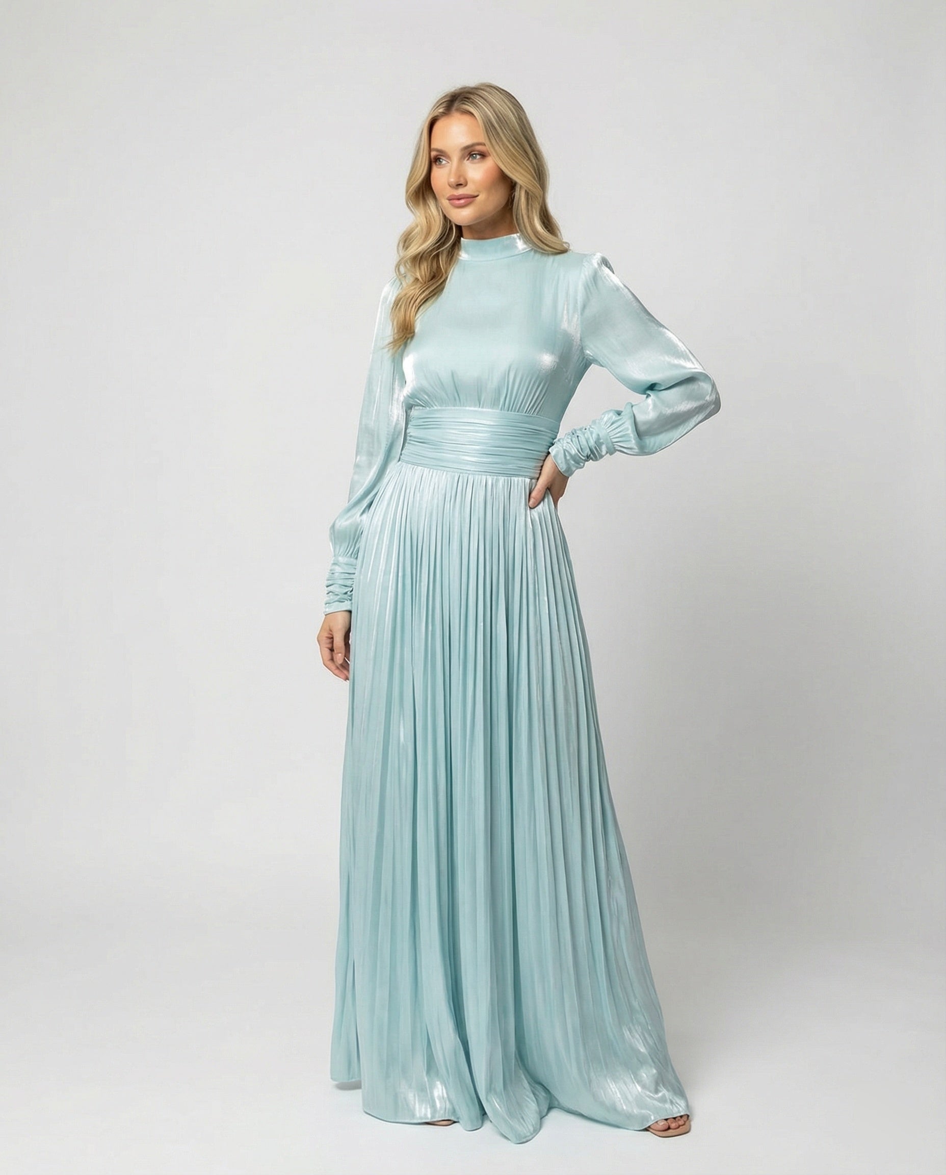 Women maxi dress high neck long sleeve pleated floor-length in white and apricot