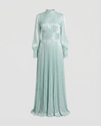 Women maxi dress high neck long sleeve pleated floor-length in white and apricot
