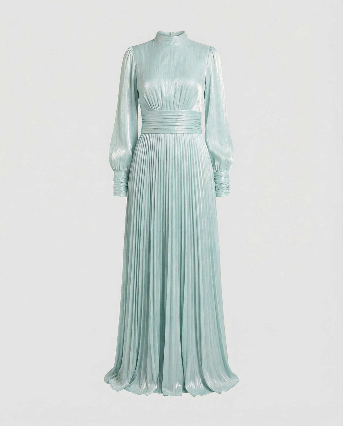 Women maxi dress high neck long sleeve pleated floor-length in white and apricot
