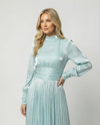 Women maxi dress high neck long sleeve pleated floor-length in white and apricot