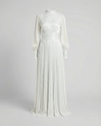 Women maxi dress high neck long sleeve pleated floor-length in white and apricot
