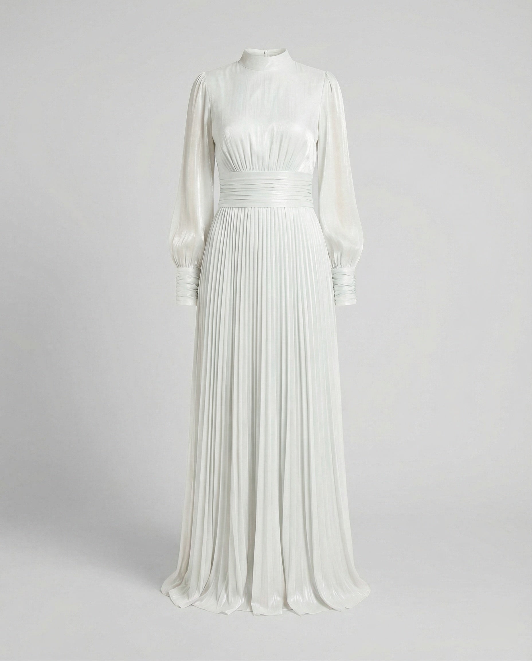 Women maxi dress high neck long sleeve pleated floor-length in white and apricot