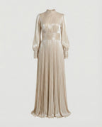 Women maxi dress high neck long sleeve pleated floor-length in white and apricot