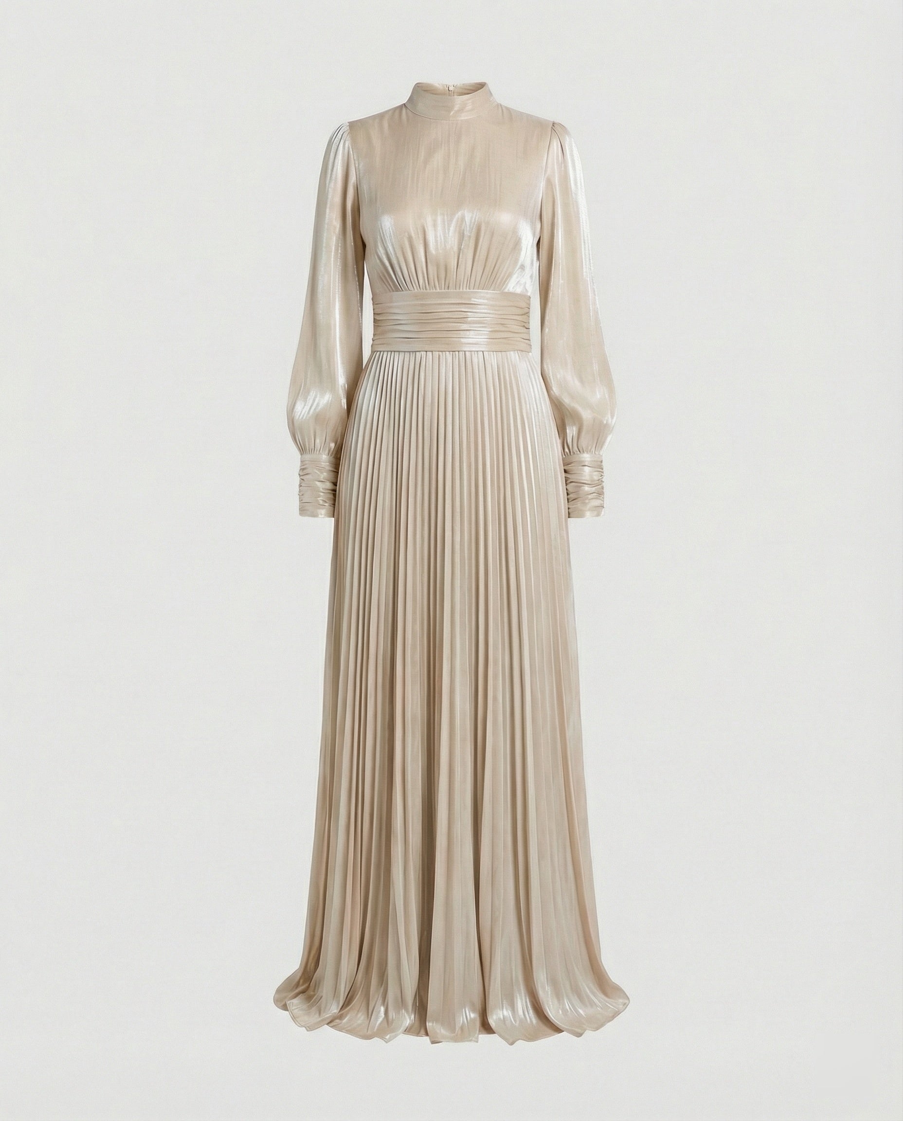 Women maxi dress high neck long sleeve pleated floor-length in white and apricot