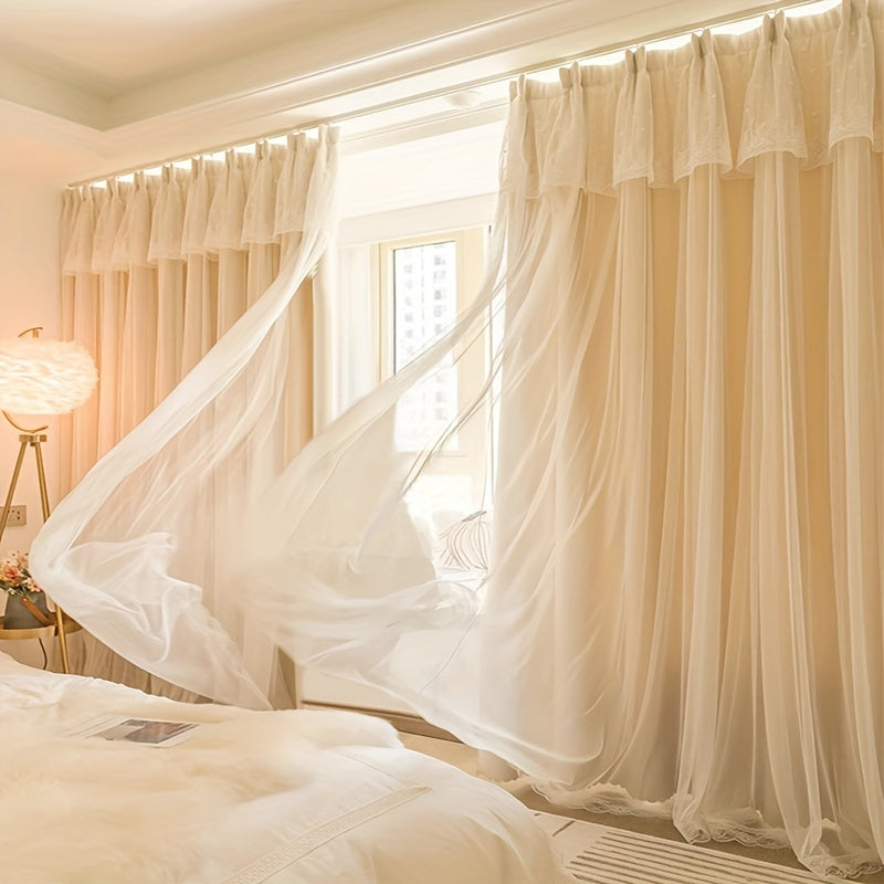 2 piece blackout curtains French princess style with hooks and rings for bedroom
