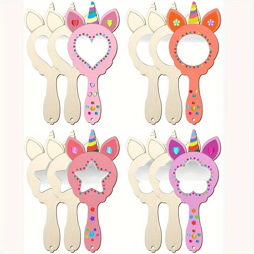 12-piece unicorn DIY wooden mirrors wall décor set, no battery, polished wood frame