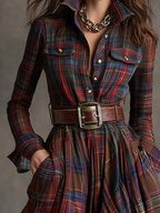 Women's shirt dress button-down plaid relaxed fit, available in reddish-brown, green, blue, black
