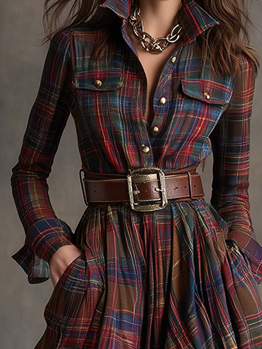 Women's shirt dress button-down plaid relaxed fit, available in reddish-brown, green, blue, black