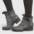 Women's ankle boots distressed faux leather with buckle strap and Western-style detail