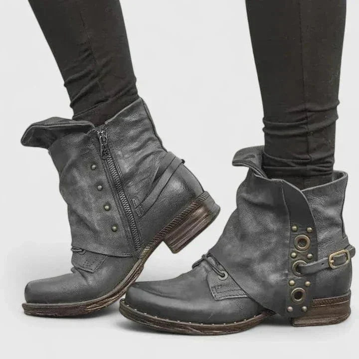 Women's ankle boots distressed faux leather with buckle strap and Western-style detail