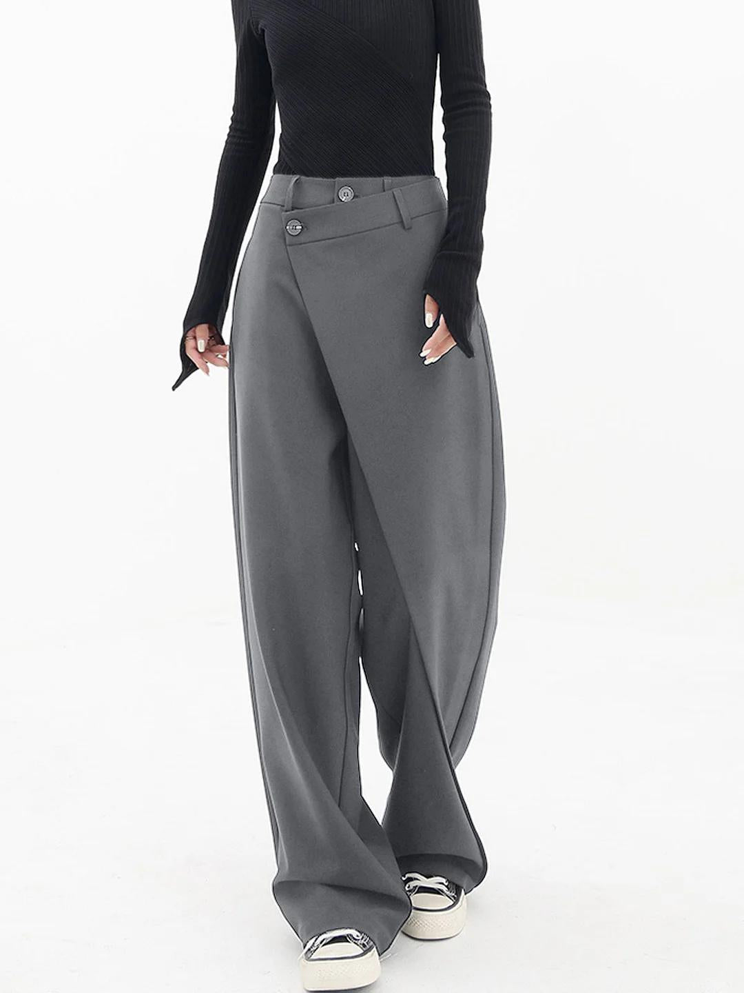 Women wide leg trousers asymmetric button detail in black and grey