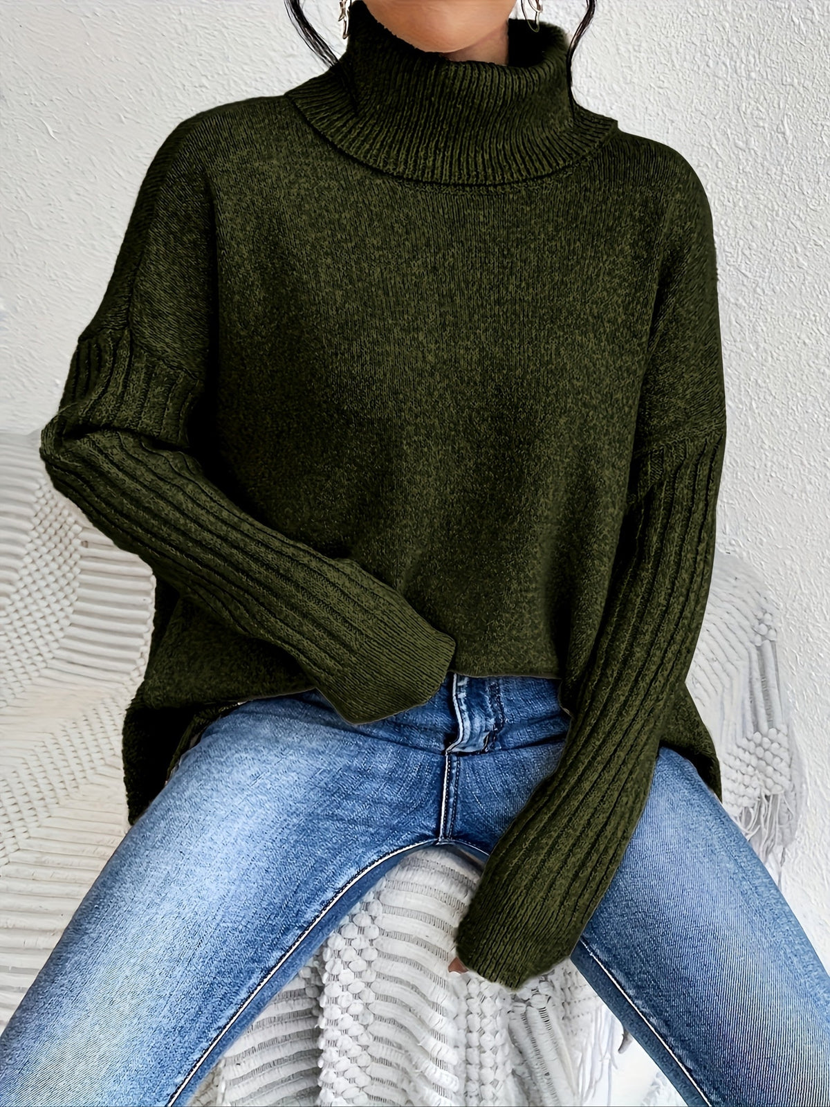 Women knit sweater high neck asymmetric hem relaxed fit