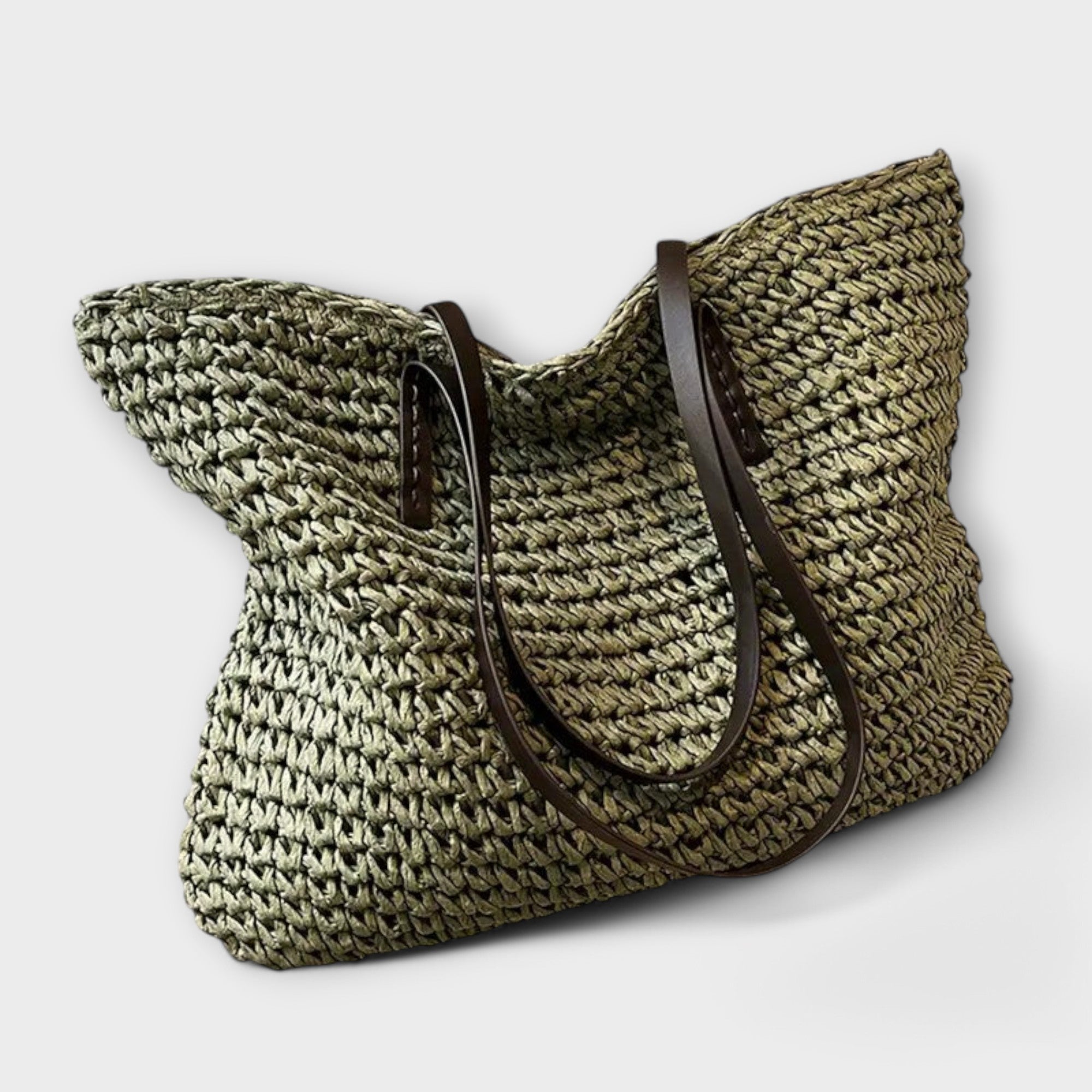 Women woven straw shoulder bag with firm top handle in natural texture
