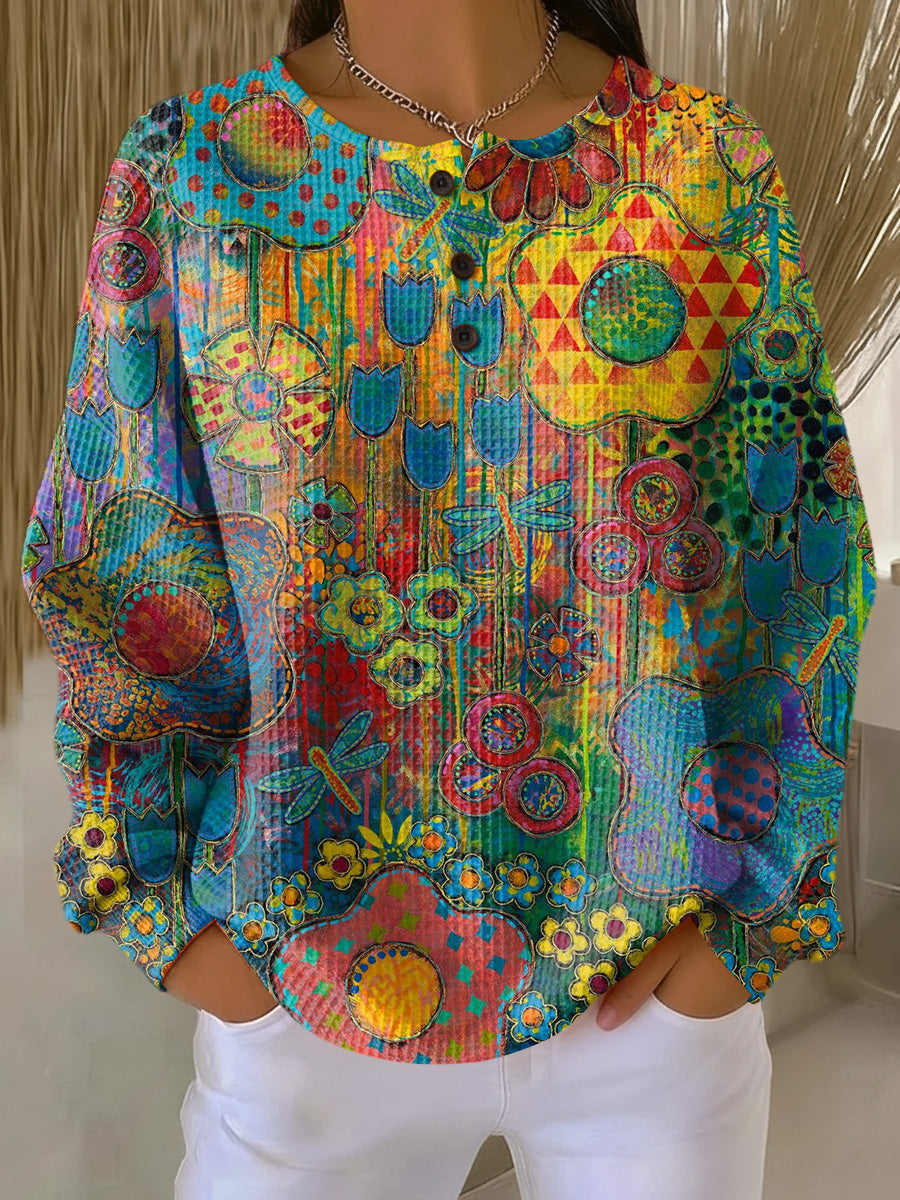 Women waffle knit floral print sweater multicoloured relaxed fit