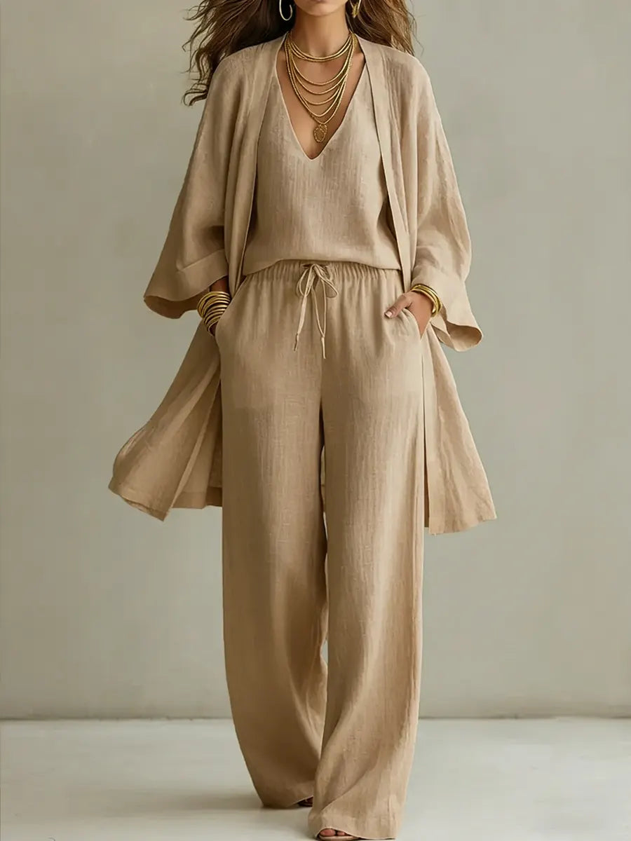 Wide Leg Linen Pants Women 3 Piece Set Cardigan Top | Halcyon