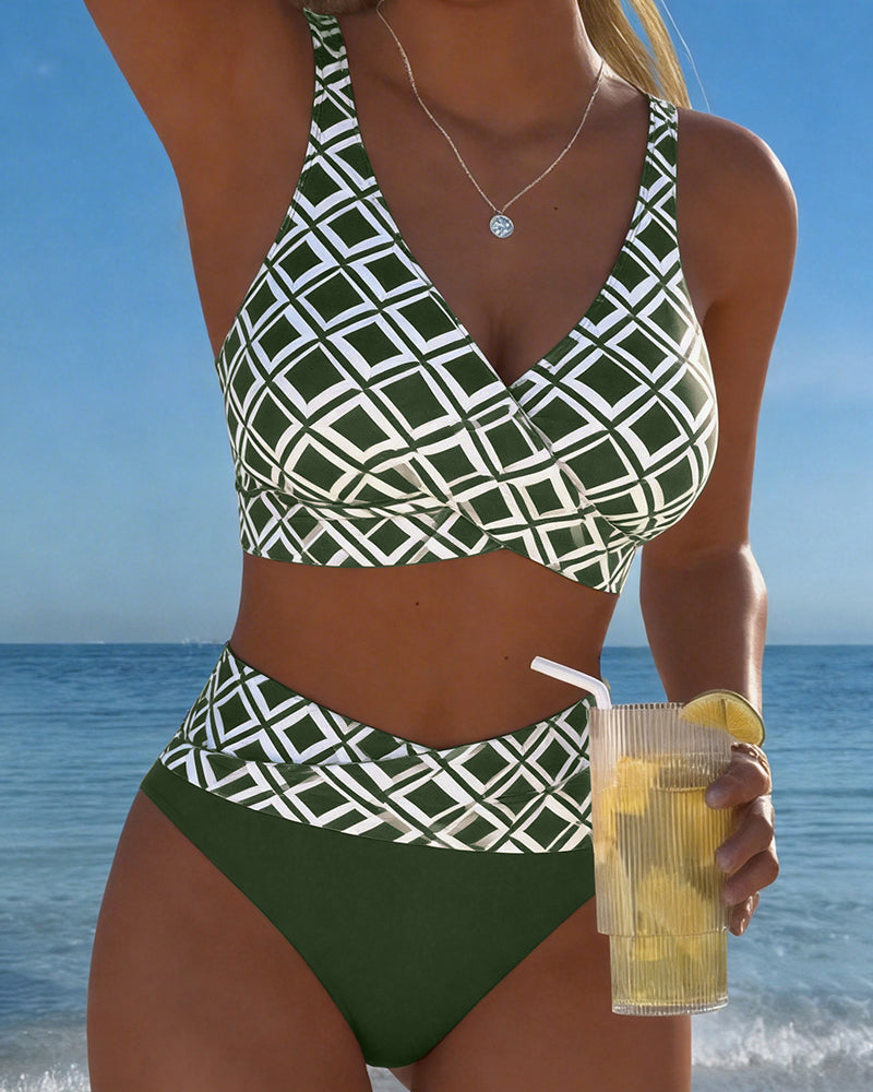 High Waist Bikini Set Women Checkered Two Piece Wireless Bra