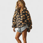 Women floral half zip jumper long sleeve loose fit in yellow pink orange