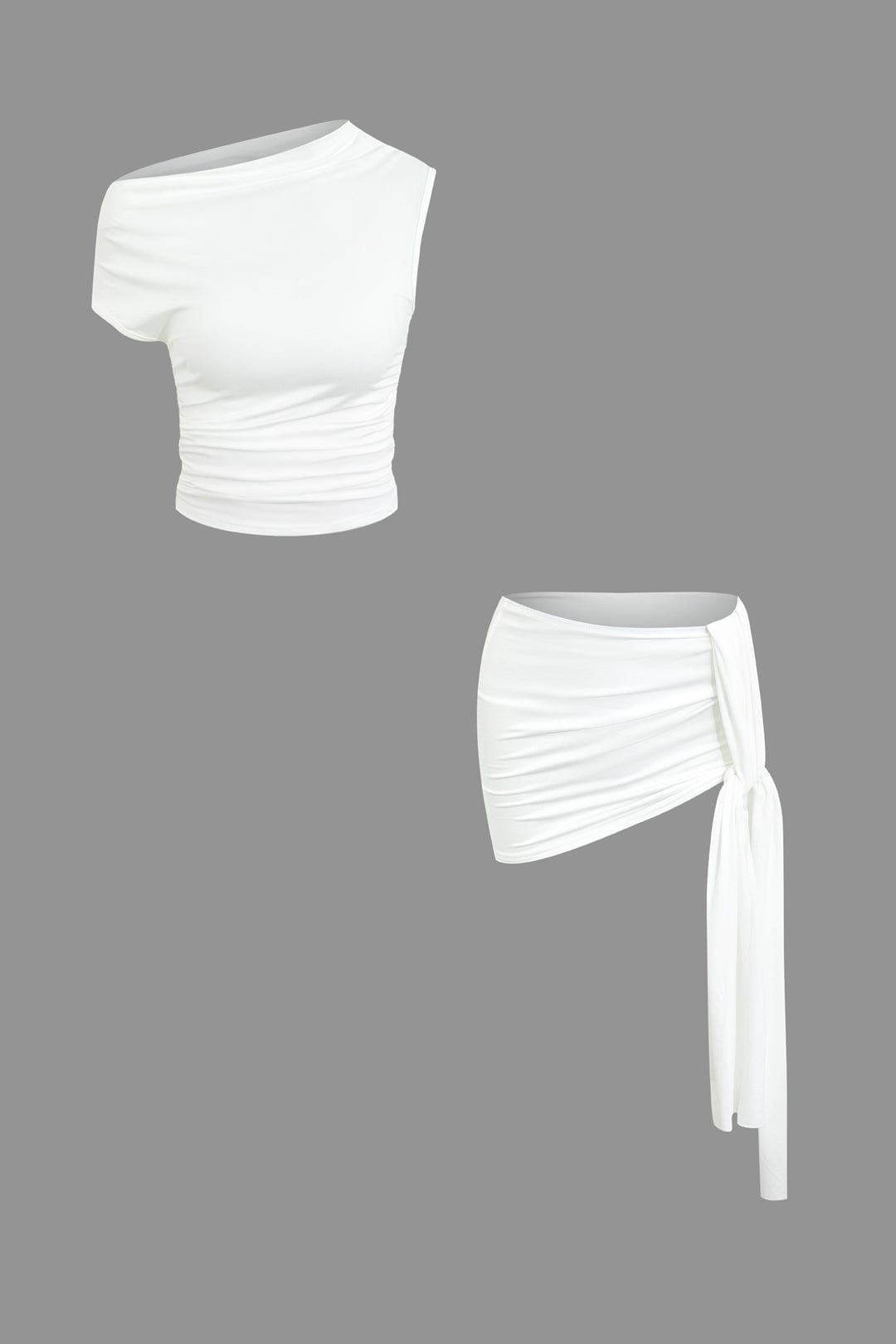 Women's two-piece set with one-shoulder top and draped mini skirt, asymmetric knot detail