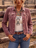 Women vintage wash button front jacket relaxed fit with chest pockets
