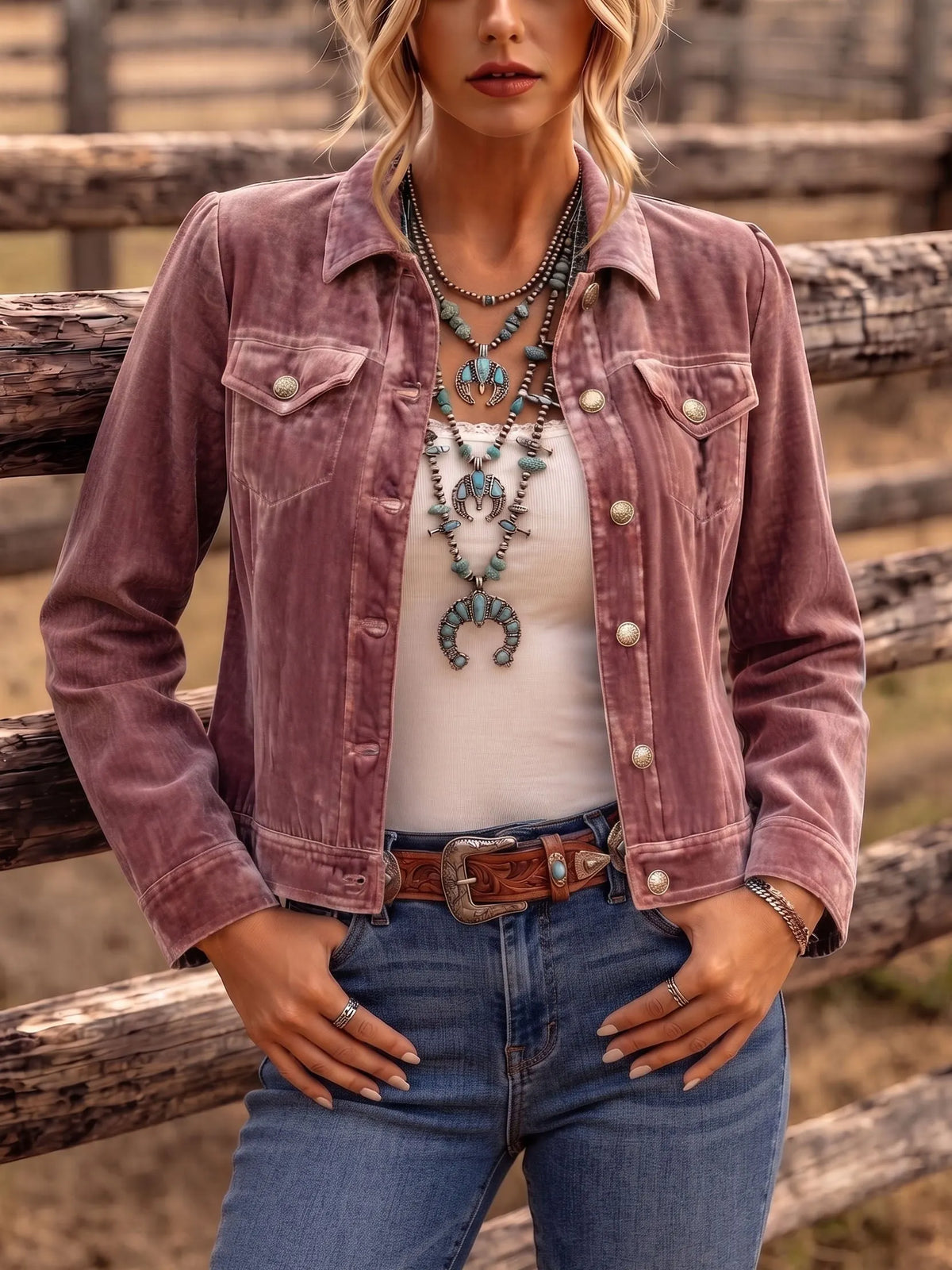 Women vintage wash button front jacket relaxed fit with chest pockets