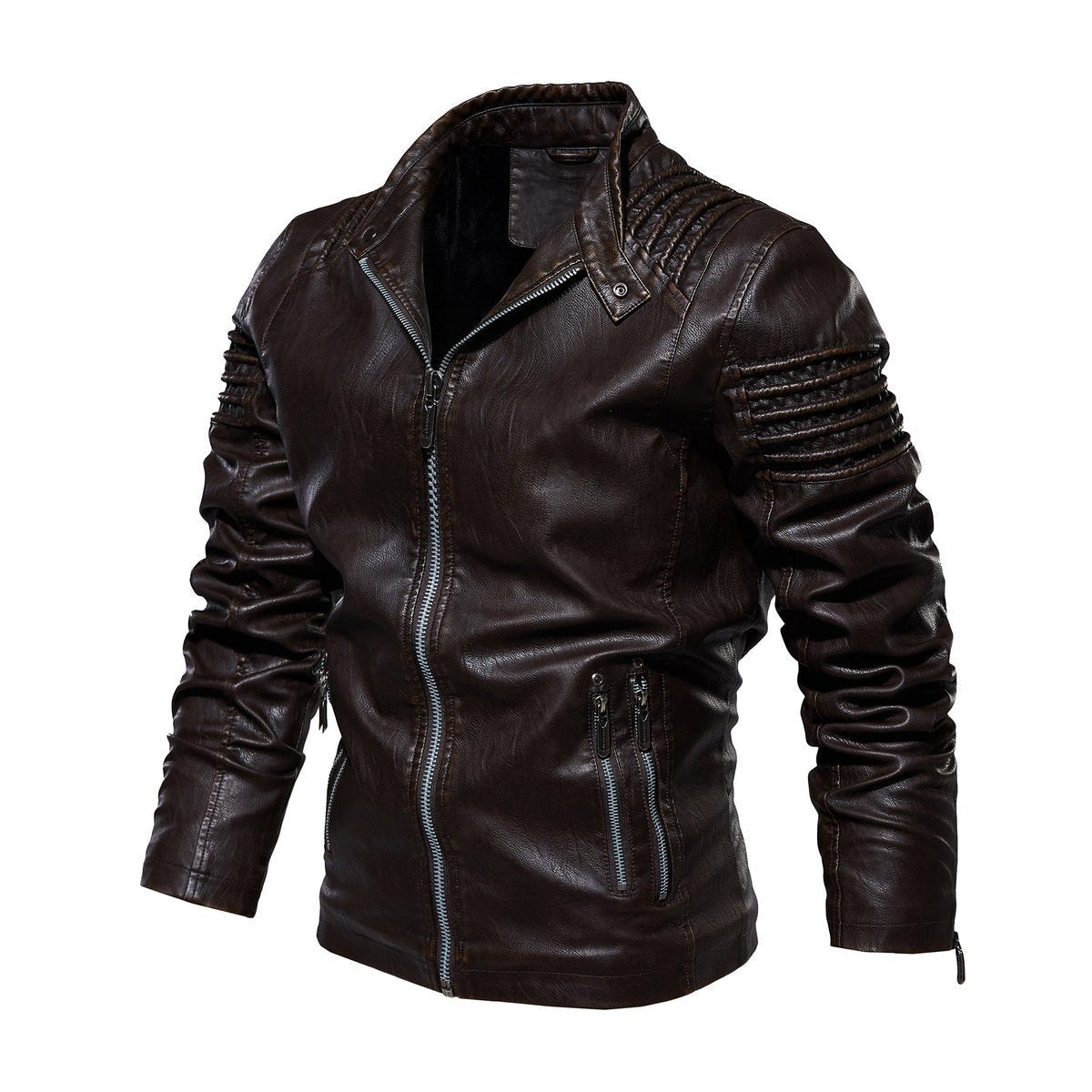 Men's faux leather biker jacket with ribbed sleeves and fleece lining, slim fit