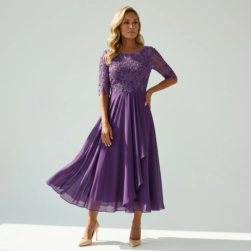 Cocktail Dress Women Midi Length Layered Tulle Lace Sheer Sleeve
