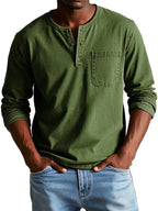Men's long sleeve henley shirt, casual relaxed fit, available in multiple colors