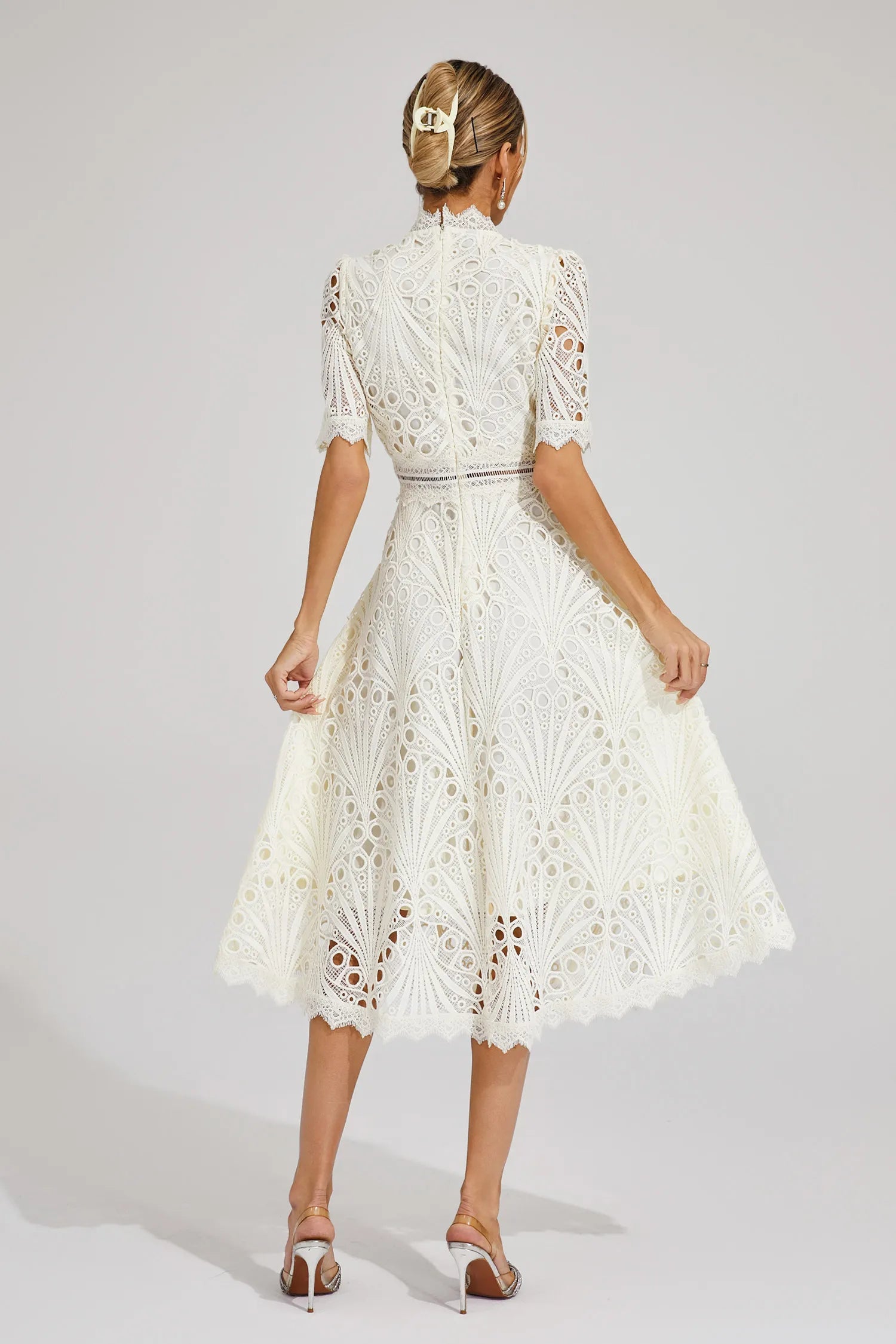 Women lace midi dress A-line fit and flare with mock neck and cutout waist