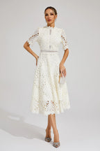 Women lace midi dress A-line fit and flare with mock neck and cutout waist