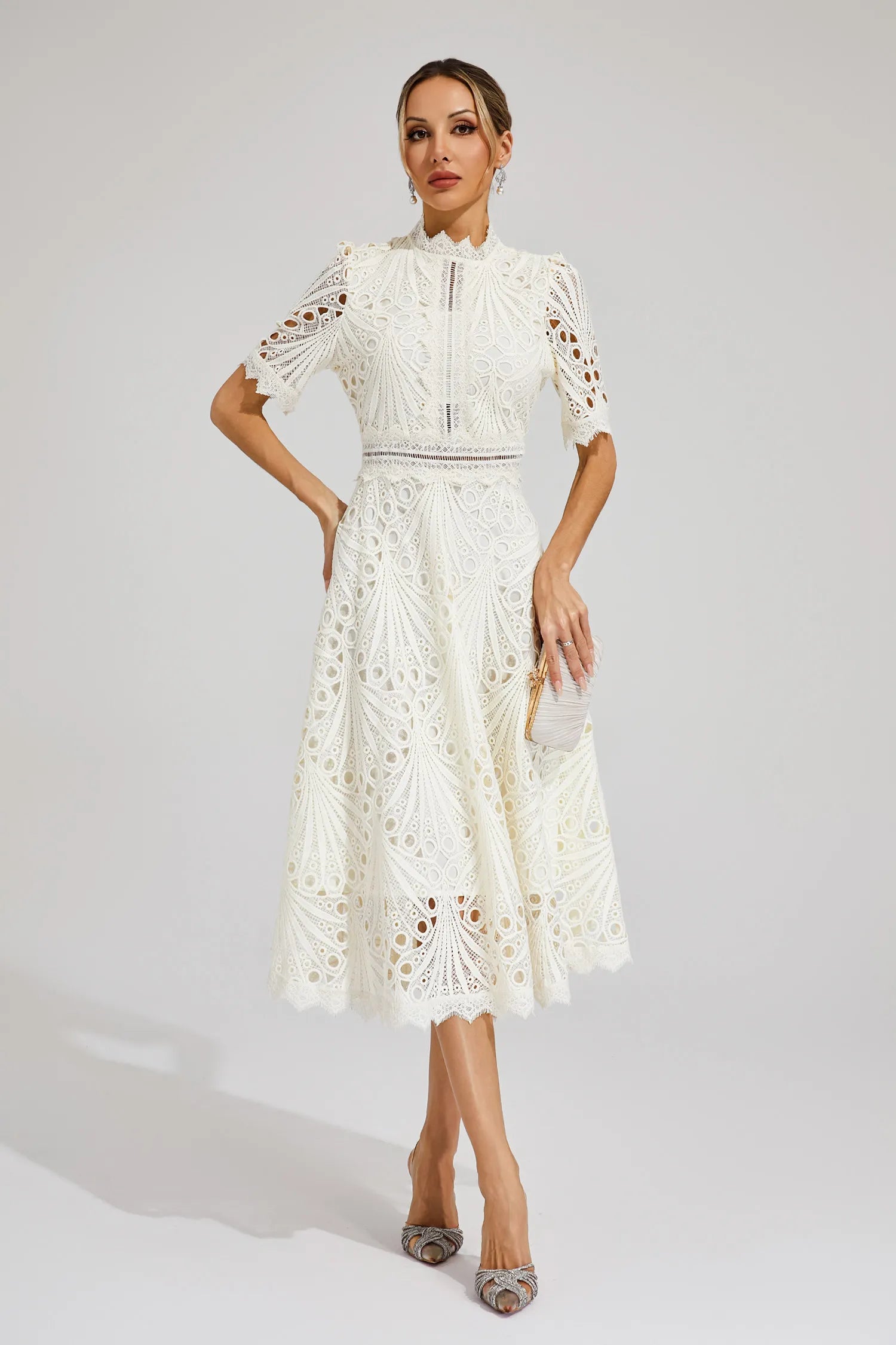 Women lace midi dress A-line fit and flare with mock neck and cutout waist