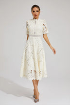 Women lace midi dress A-line fit and flare with mock neck and cutout waist