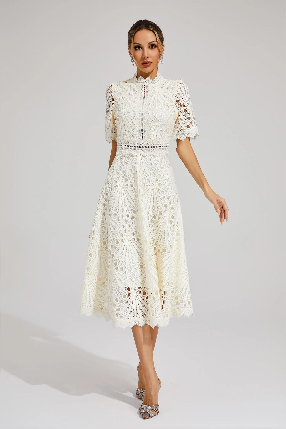 Women lace midi dress A-line fit and flare with mock neck and cutout waist
