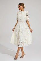 Women lace midi dress A-line fit and flare with mock neck and cutout waist