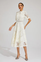 Women lace midi dress A-line fit and flare with mock neck and cutout waist