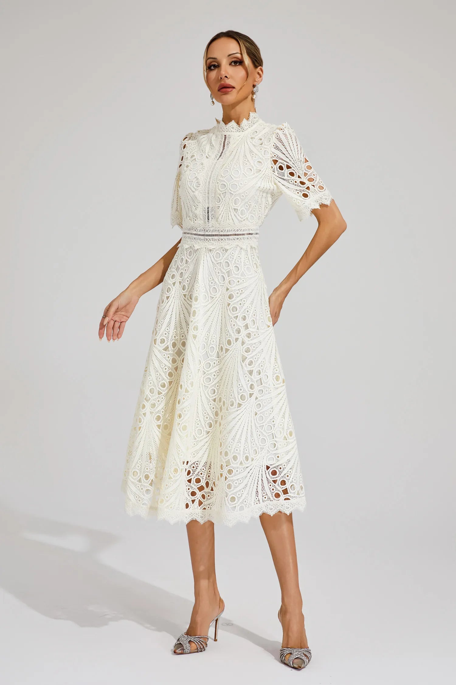 Women lace midi dress A-line fit and flare with mock neck and cutout waist