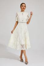 Women lace midi dress A-line fit and flare with mock neck and cutout waist
