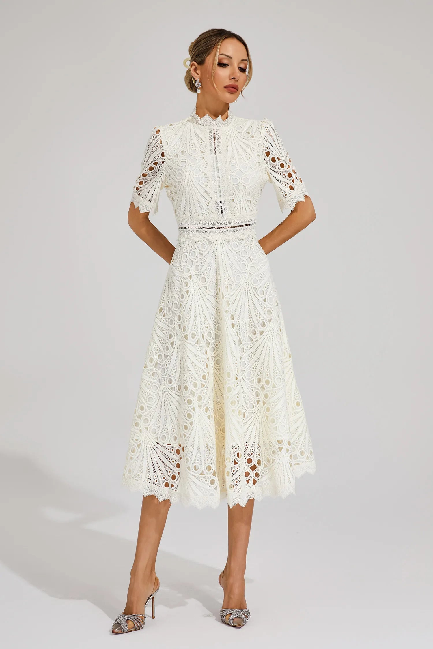 Women lace midi dress A-line fit and flare with mock neck and cutout waist