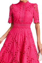 Women lace midi dress A-line fit and flare with mock neck and cutout waist