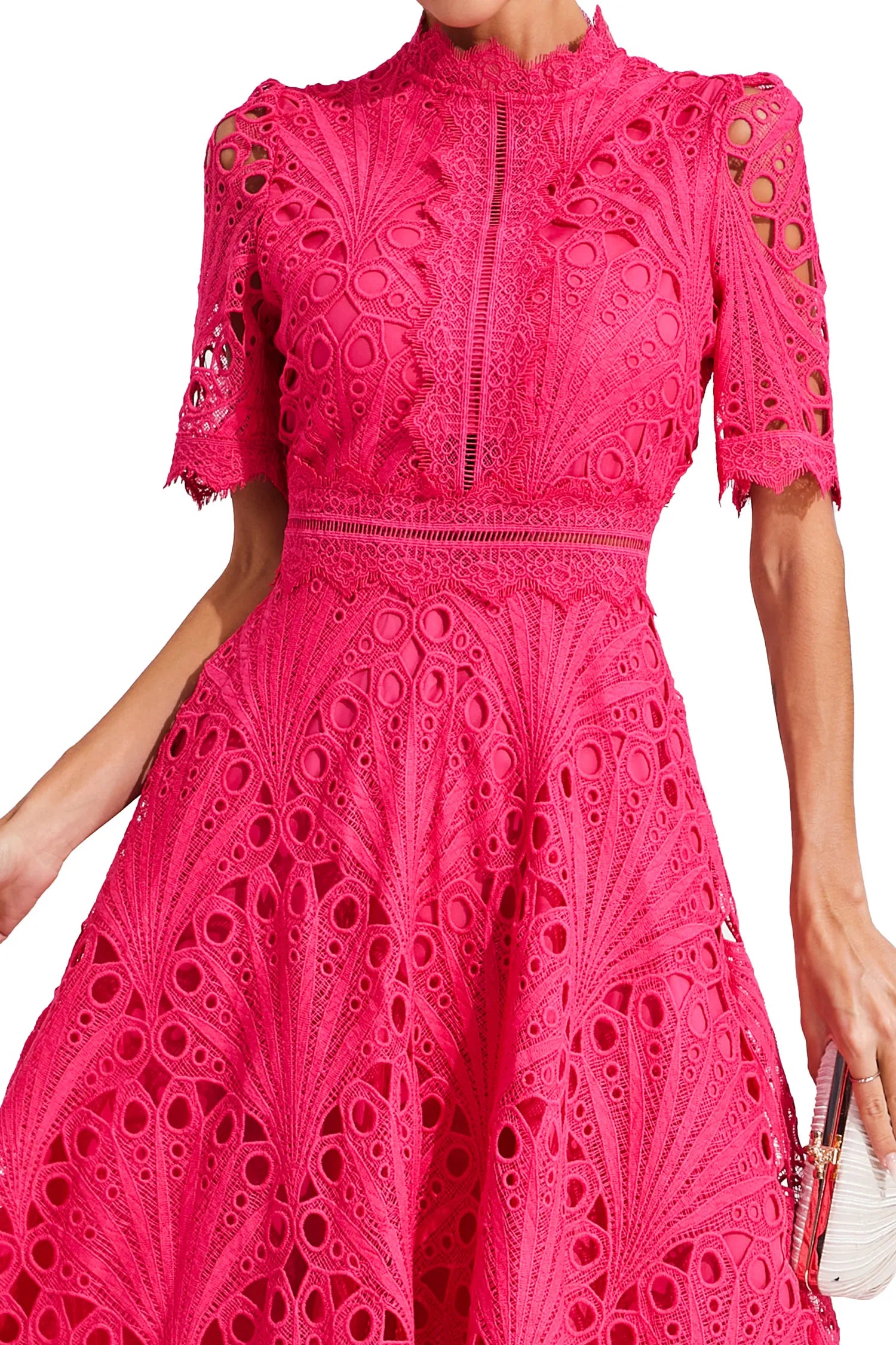 Women lace midi dress A-line fit and flare with mock neck and cutout waist