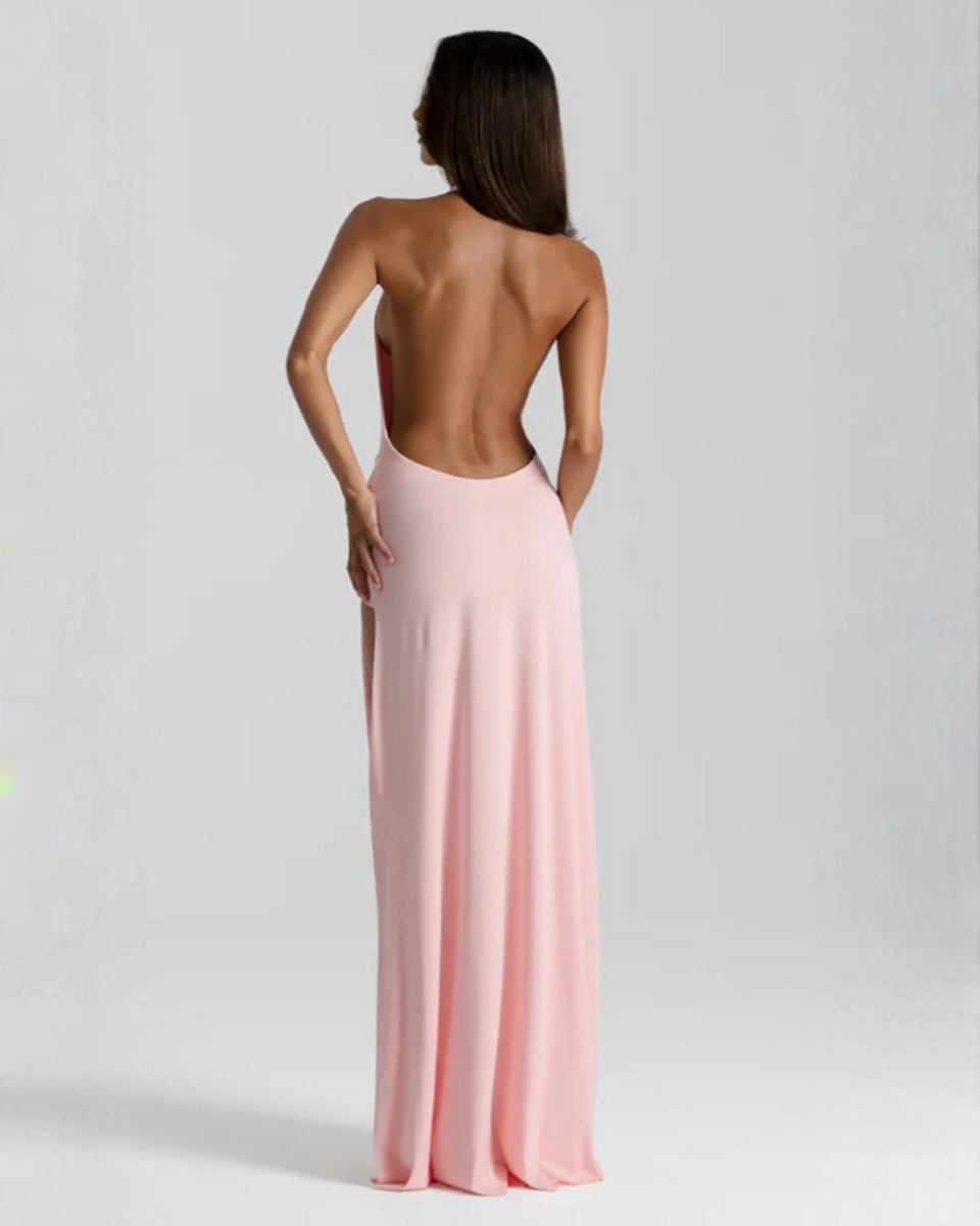Halter neck backless maxi dress with high side slit, flowing silhouette for evening events