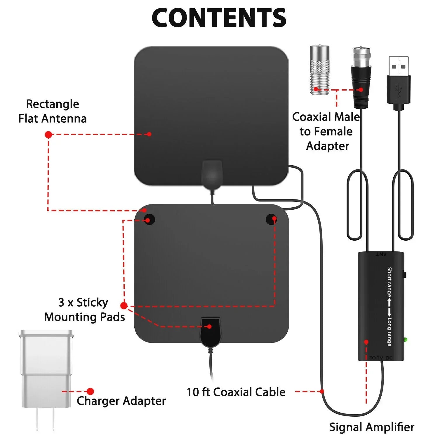 Indoor HDTV antenna with 300-mile range and signal booster, slim black design